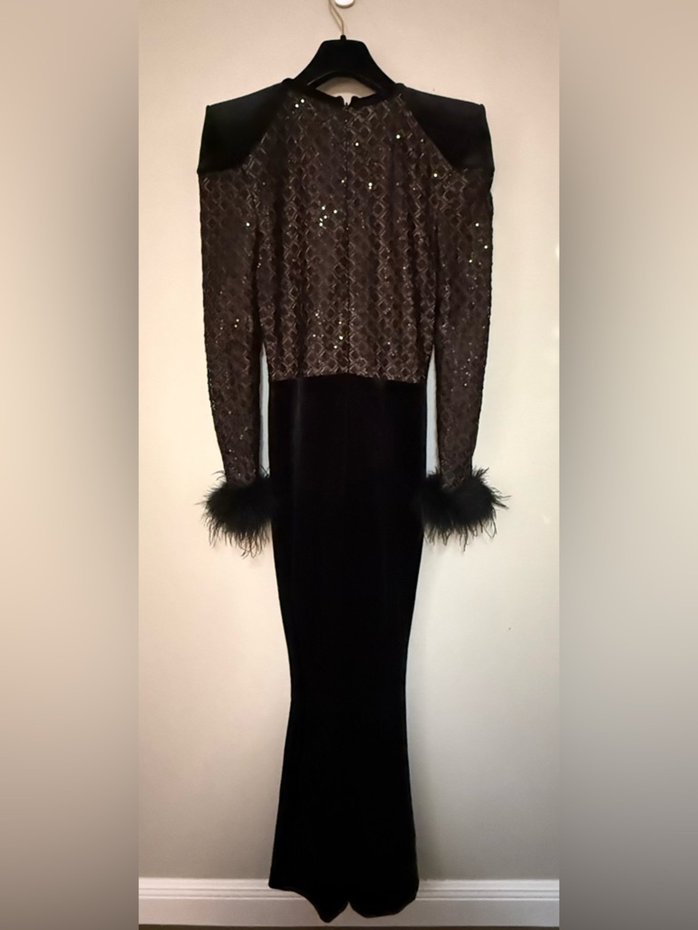 Nadine Merabi Mixed Media Black Monique Velvet Sequin Glitter Feather Jumpsuit - Picture 7 of 9